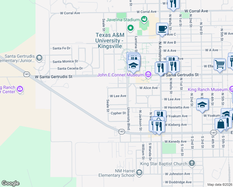 map of restaurants, bars, coffee shops, grocery stores, and more near 1210 West Lee Avenue in Kingsville