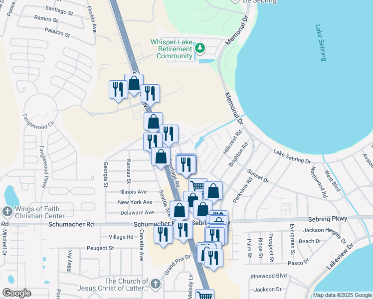 map of restaurants, bars, coffee shops, grocery stores, and more near 4124 Commercial Drive in Sebring