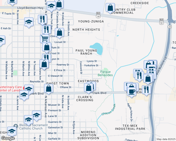 map of restaurants, bars, coffee shops, grocery stores, and more near 3417 Stamford Street in Laredo