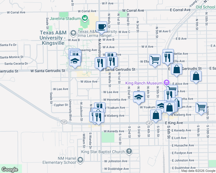 map of restaurants, bars, coffee shops, grocery stores, and more near 703 West Alice Avenue in Kingsville
