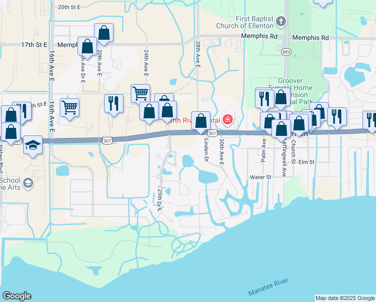 map of restaurants, bars, coffee shops, grocery stores, and more near 2715 U.S. 301 in Ellenton