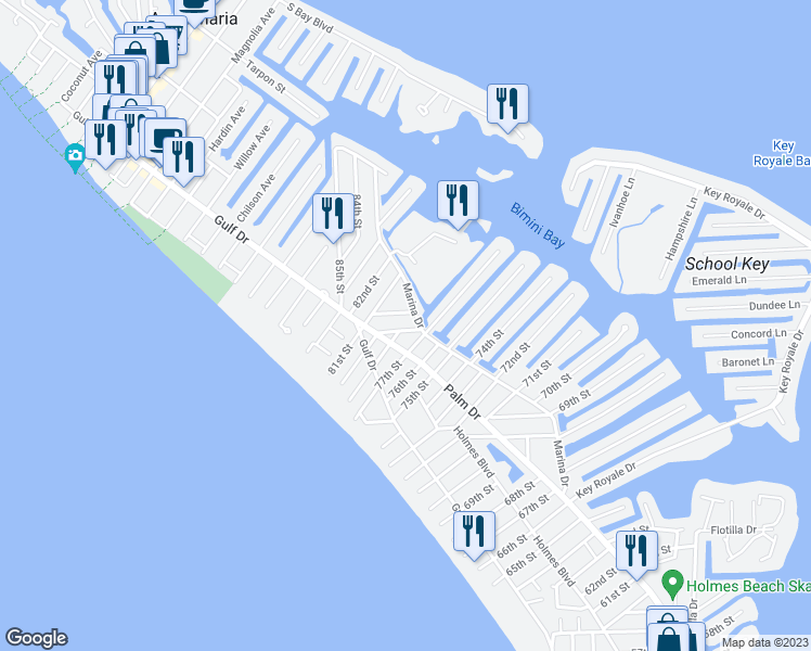 map of restaurants, bars, coffee shops, grocery stores, and more near 412 79th Street in Holmes Beach