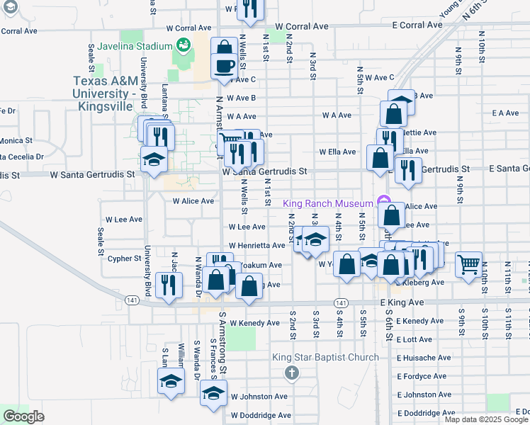 map of restaurants, bars, coffee shops, grocery stores, and more near 603 West Alice Avenue in Kingsville
