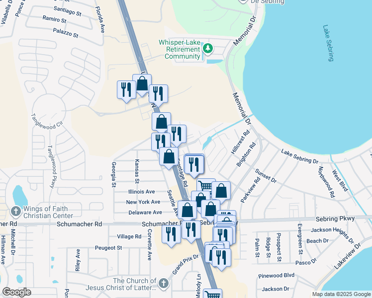 map of restaurants, bars, coffee shops, grocery stores, and more near 4124 Commercial Drive in Sebring