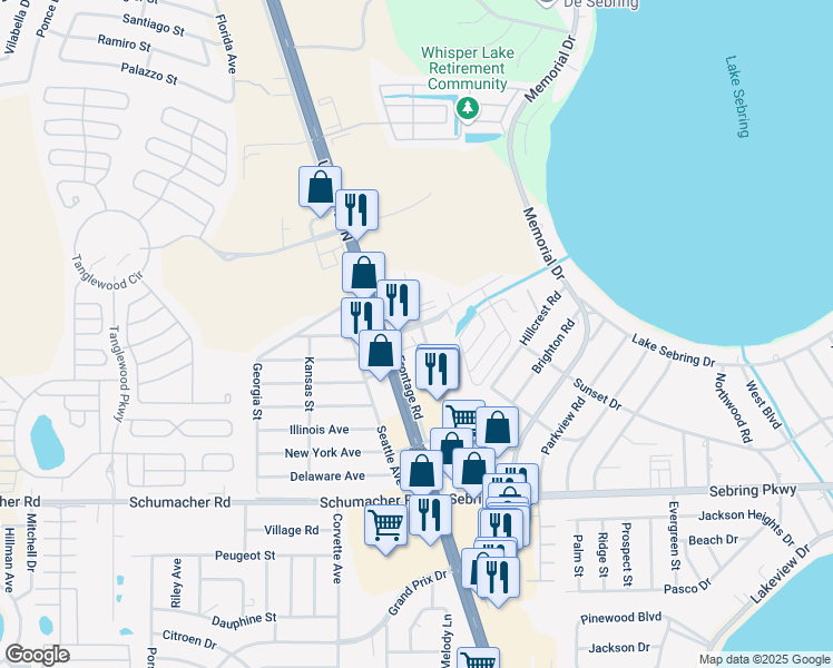 map of restaurants, bars, coffee shops, grocery stores, and more near 4131 Commercial Drive in Sebring