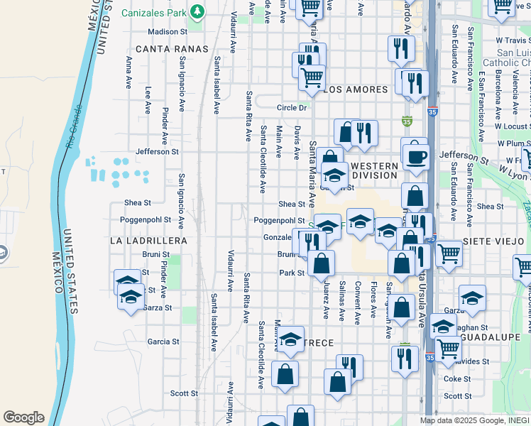 map of restaurants, bars, coffee shops, grocery stores, and more near 2309 Santa Cleotilde Avenue in Laredo