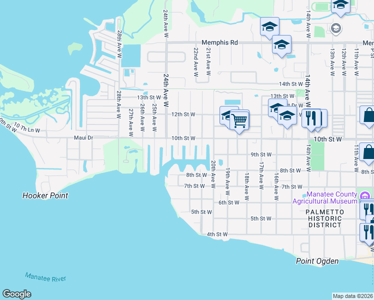 map of restaurants, bars, coffee shops, grocery stores, and more near 905 22nd Avenue West in Palmetto