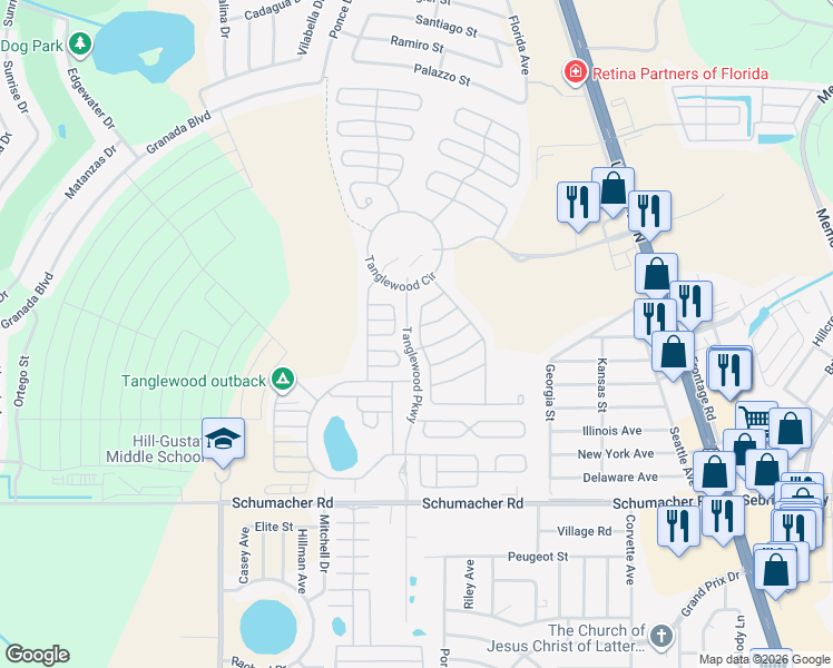 map of restaurants, bars, coffee shops, grocery stores, and more near 2206 Woods and Water Court in Sebring