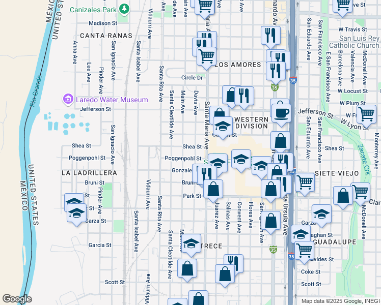map of restaurants, bars, coffee shops, grocery stores, and more near 2310 Davis Ave in Laredo