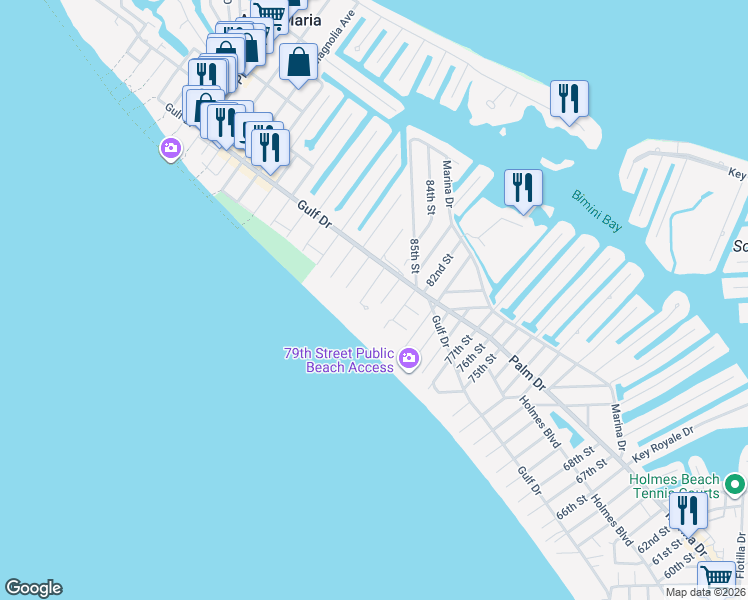 map of restaurants, bars, coffee shops, grocery stores, and more near 103 Sunset Lane in Bradenton Beach