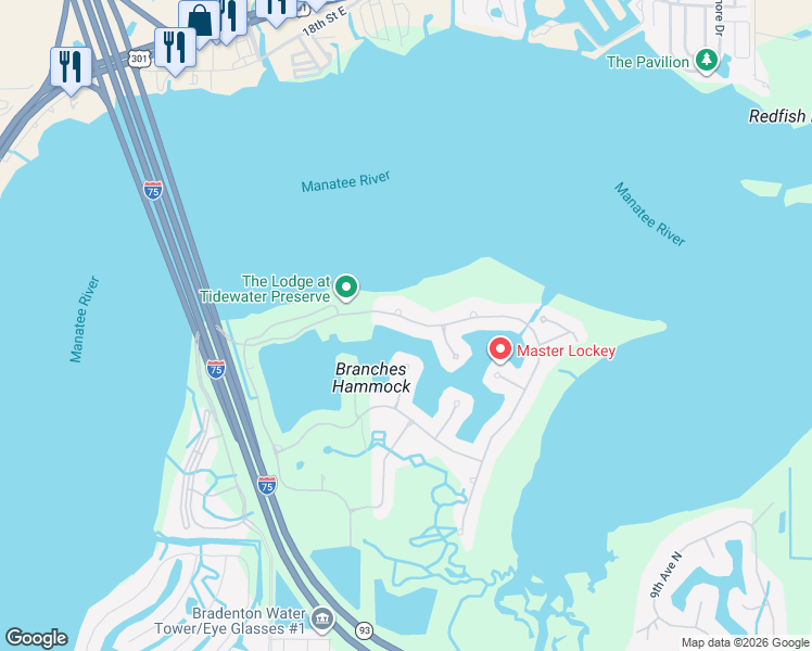 map of restaurants, bars, coffee shops, grocery stores, and more near 5117 Tidewater Preserve Boulevard in Bradenton