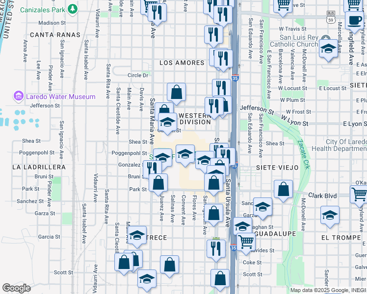 map of restaurants, bars, coffee shops, grocery stores, and more near 2001 Santa Maria Avenue in Laredo