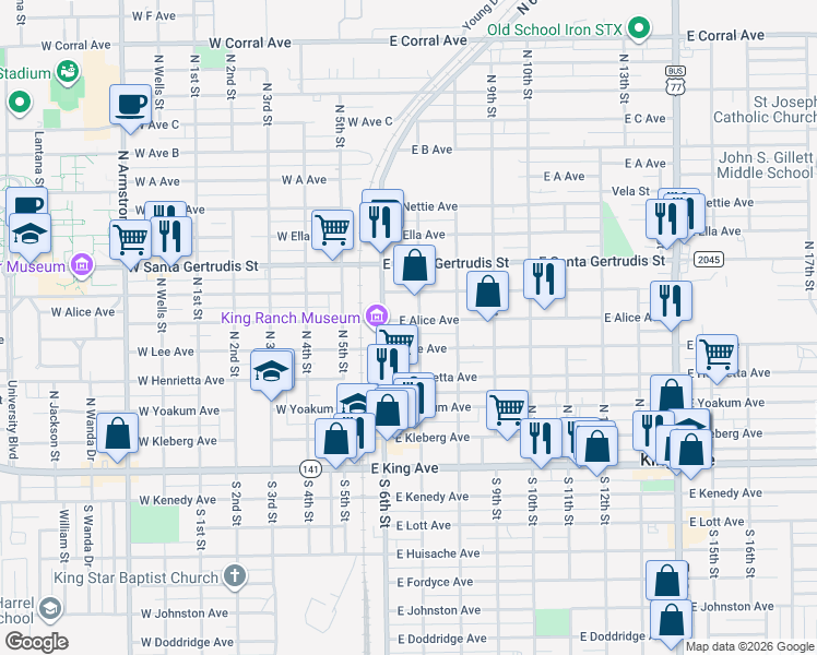 map of restaurants, bars, coffee shops, grocery stores, and more near 303 East Alice Avenue in Kingsville