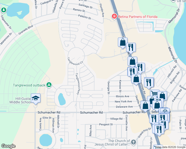 map of restaurants, bars, coffee shops, grocery stores, and more near Bay Side Drive in Sebring