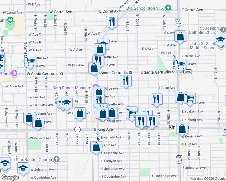 map of restaurants, bars, coffee shops, grocery stores, and more near 303 East Alice Avenue in Kingsville
