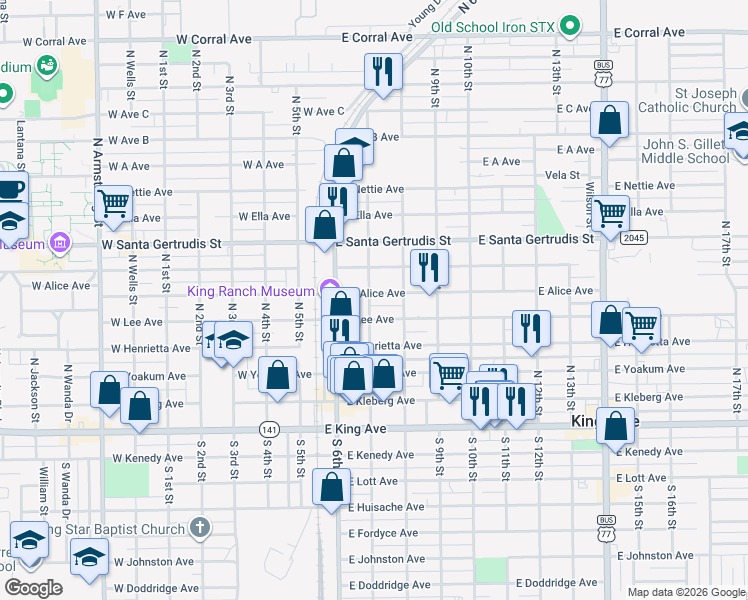 map of restaurants, bars, coffee shops, grocery stores, and more near 303 East Alice Avenue in Kingsville