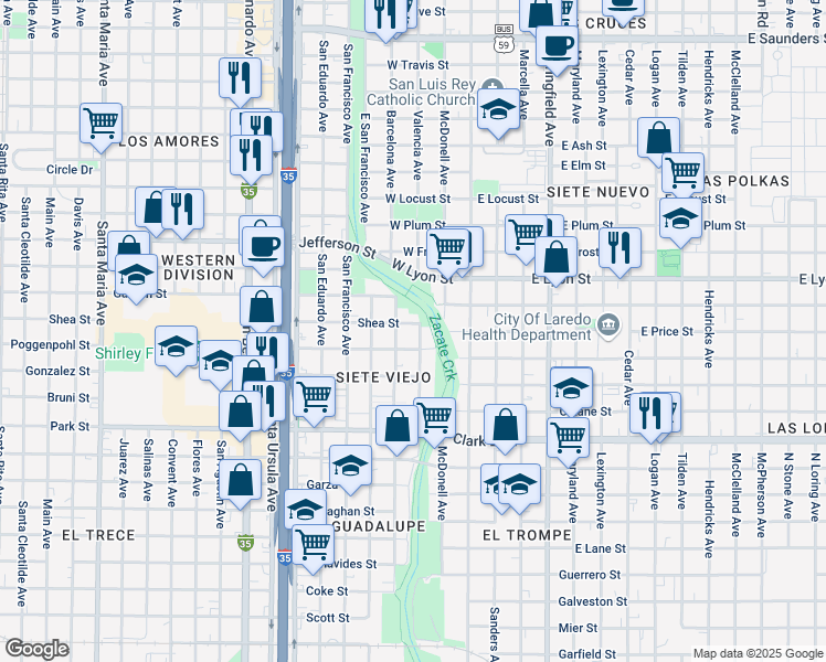 map of restaurants, bars, coffee shops, grocery stores, and more near 2318 San Leonardo Avenue in Laredo