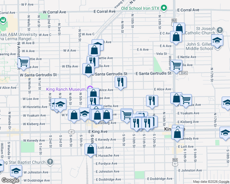 map of restaurants, bars, coffee shops, grocery stores, and more near 401 West Alice Avenue in Kingsville