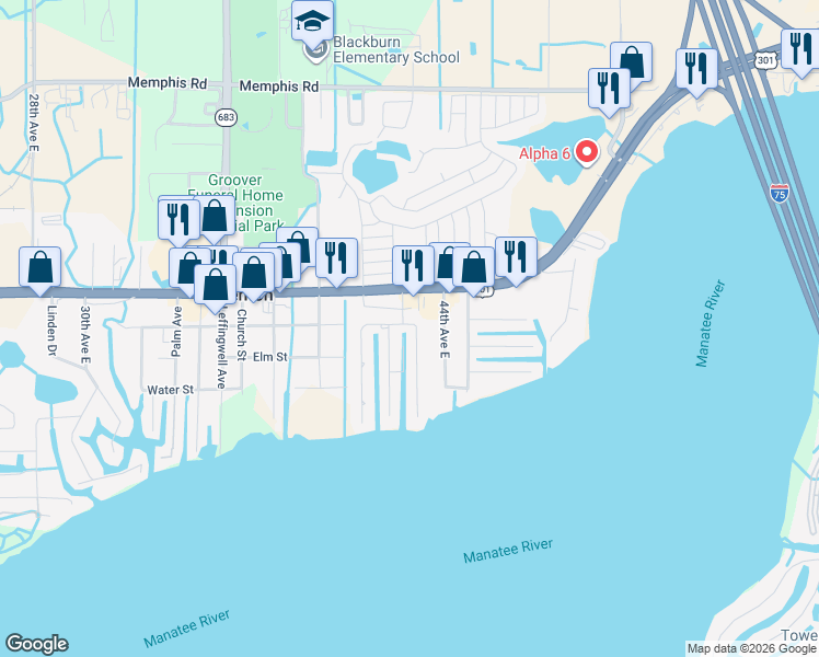 map of restaurants, bars, coffee shops, grocery stores, and more near 4215 9th Street East in Ellenton