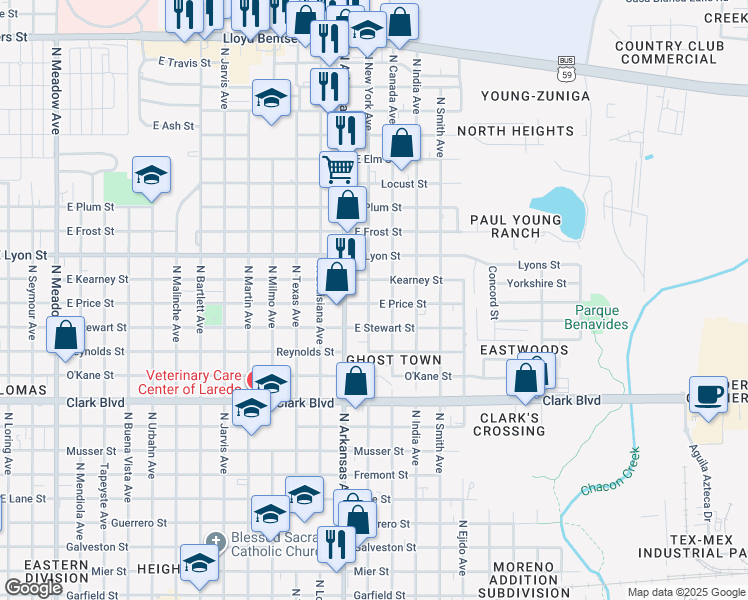 map of restaurants, bars, coffee shops, grocery stores, and more near 2906 East Price Street in Laredo