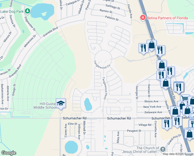 map of restaurants, bars, coffee shops, grocery stores, and more near 1100-1148 Shadow Ridge Drive in Sebring