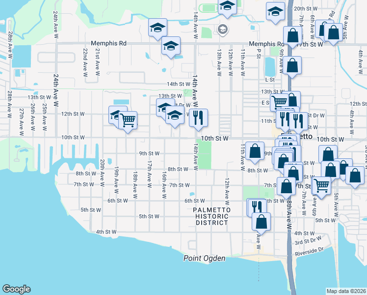 map of restaurants, bars, coffee shops, grocery stores, and more near 904 15th Avenue West in Palmetto
