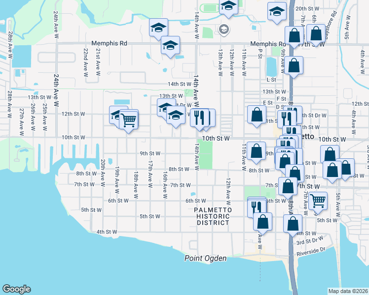 map of restaurants, bars, coffee shops, grocery stores, and more near 904 15th Avenue West in Palmetto