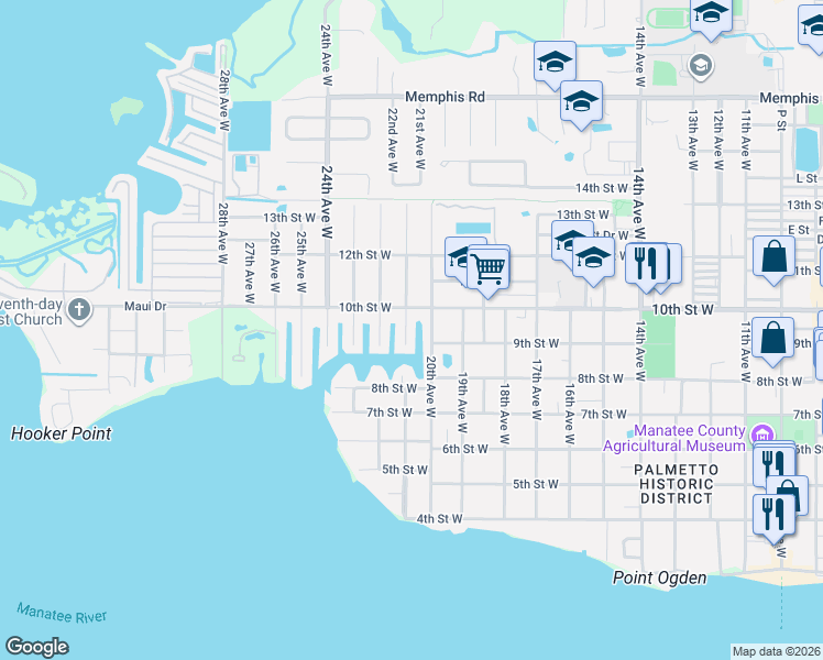 map of restaurants, bars, coffee shops, grocery stores, and more near 908 21st Avenue West in Palmetto