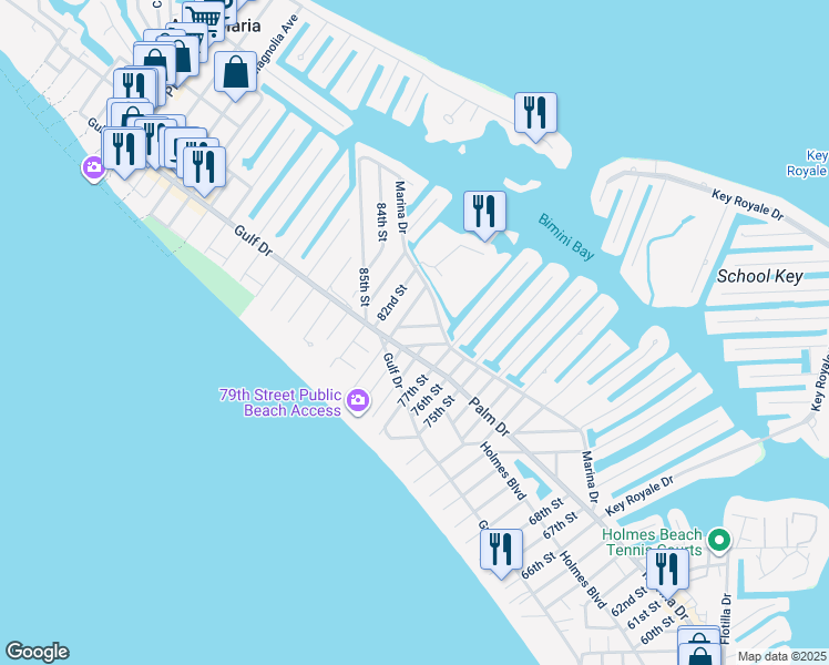 map of restaurants, bars, coffee shops, grocery stores, and more near 412 79th Street in Holmes Beach