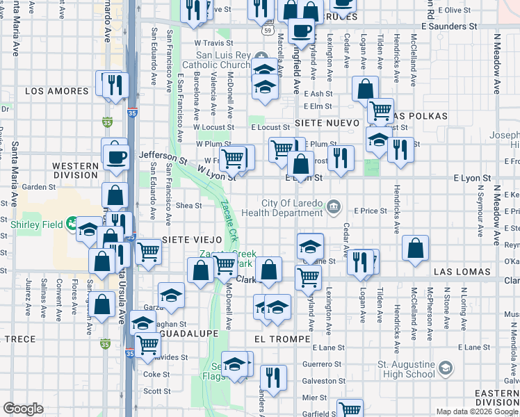 map of restaurants, bars, coffee shops, grocery stores, and more near 2702 Sanders Avenue in Laredo