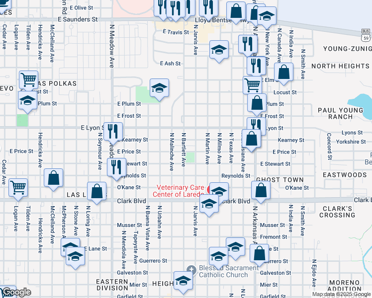 map of restaurants, bars, coffee shops, grocery stores, and more near 2202 East Price Street in Laredo