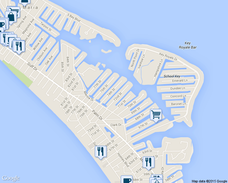 map of restaurants, bars, coffee shops, grocery stores, and more near 515 74th St in Holmes Beach