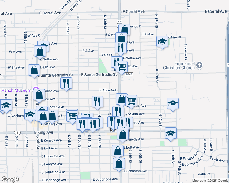map of restaurants, bars, coffee shops, grocery stores, and more near 915 East Alice Avenue in Kingsville