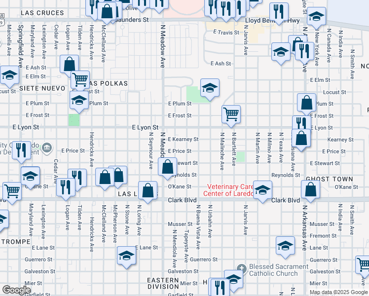 map of restaurants, bars, coffee shops, grocery stores, and more near 2704 Tapeyste Avenue in Laredo