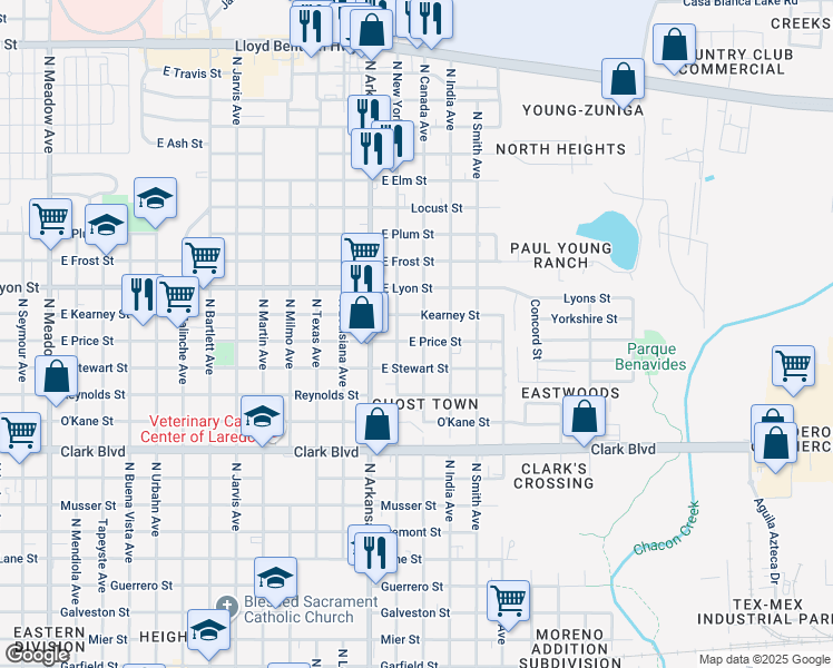 map of restaurants, bars, coffee shops, grocery stores, and more near 2906 East Price Street in Laredo