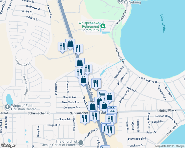 map of restaurants, bars, coffee shops, grocery stores, and more near 4124 Commercial Drive in Sebring