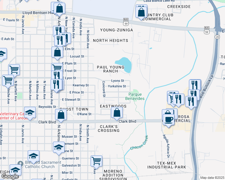 map of restaurants, bars, coffee shops, grocery stores, and more near 3417 Stamford Street in Laredo