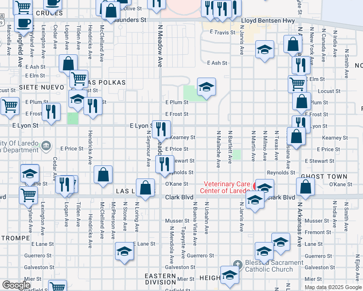 map of restaurants, bars, coffee shops, grocery stores, and more near 2704 Tapeyste Avenue in Laredo
