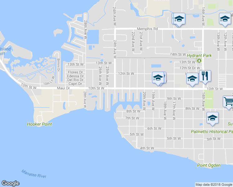 map of restaurants, bars, coffee shops, grocery stores, and more near 908 24th Avenue West in Palmetto
