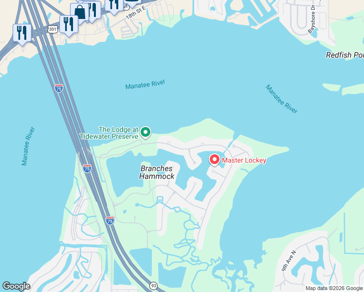 map of restaurants, bars, coffee shops, grocery stores, and more near 5124 Tidewater Preserve Boulevard in Bradenton