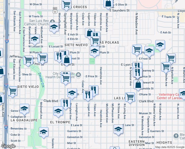 map of restaurants, bars, coffee shops, grocery stores, and more near 902 East Price Street in Laredo