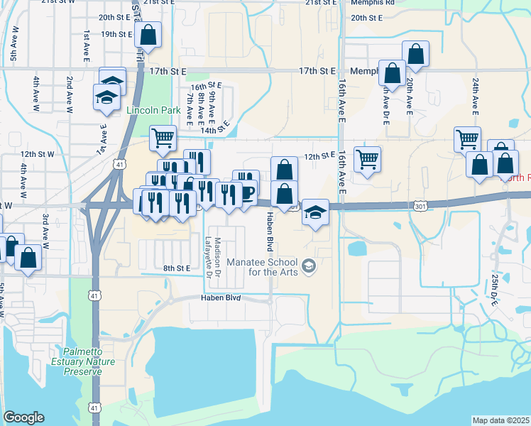 map of restaurants, bars, coffee shops, grocery stores, and more near 995 Haben Boulevard in Palmetto