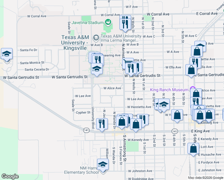 map of restaurants, bars, coffee shops, grocery stores, and more near 832 West Lee Avenue in Kingsville