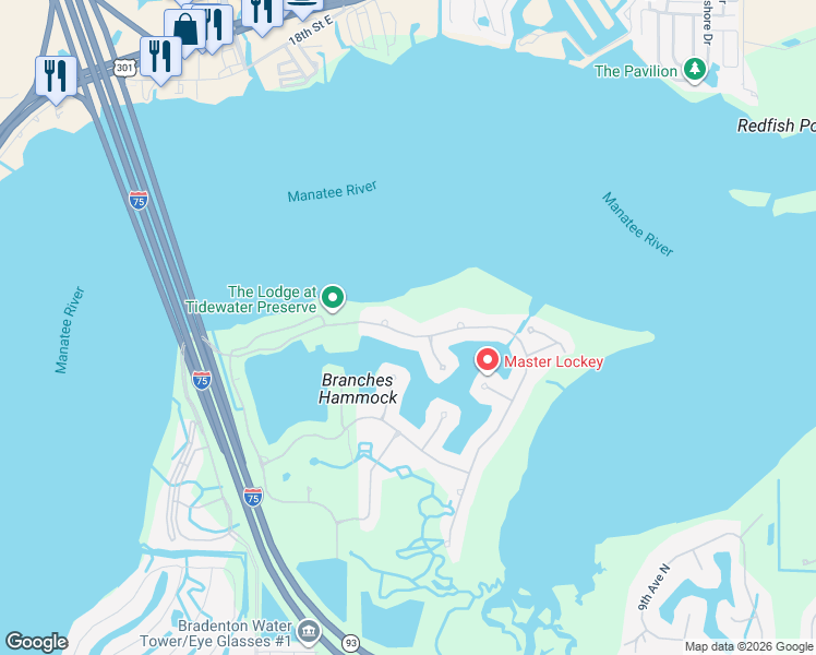map of restaurants, bars, coffee shops, grocery stores, and more near 5124 Tidewater Preserve Boulevard in Bradenton