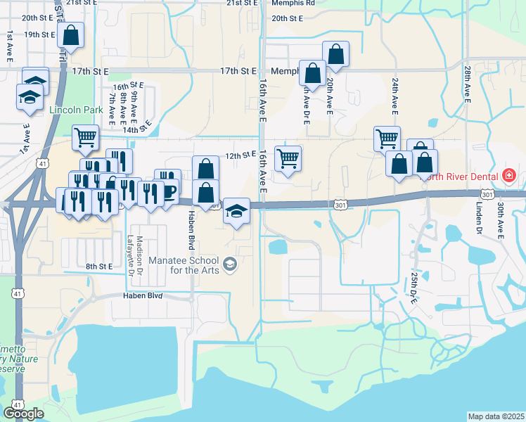 map of restaurants, bars, coffee shops, grocery stores, and more near 1601 5th Street East in Palmetto