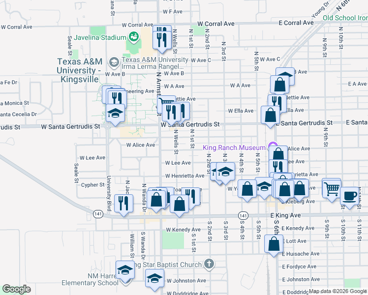 map of restaurants, bars, coffee shops, grocery stores, and more near 603 West Alice Avenue in Kingsville