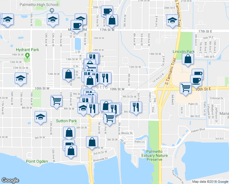 map of restaurants, bars, coffee shops, grocery stores, and more near 503 10th Street West in Palmetto