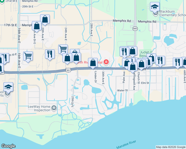 map of restaurants, bars, coffee shops, grocery stores, and more near 2715 U.S. 301 in Ellenton