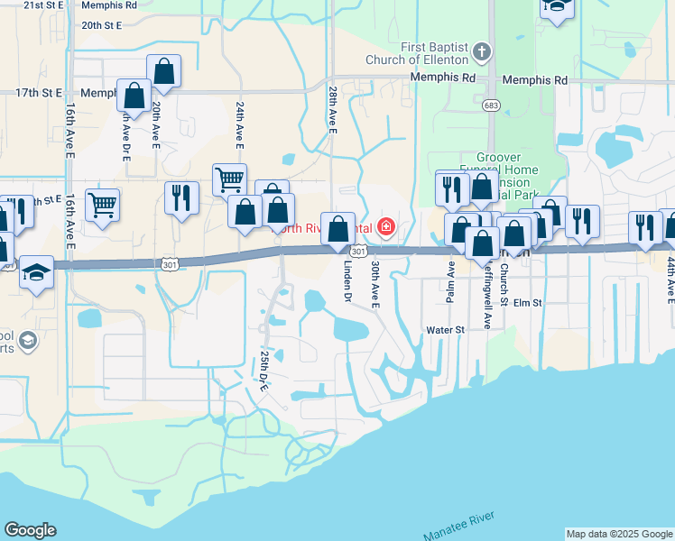 map of restaurants, bars, coffee shops, grocery stores, and more near 2715 U.S. 301 in Ellenton
