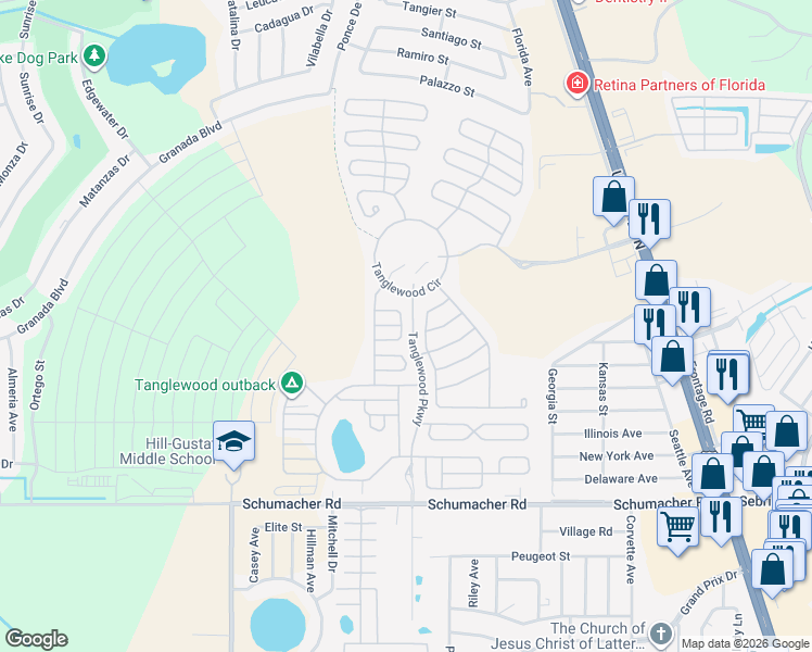 map of restaurants, bars, coffee shops, grocery stores, and more near 2206 Woods and Water Court in Sebring